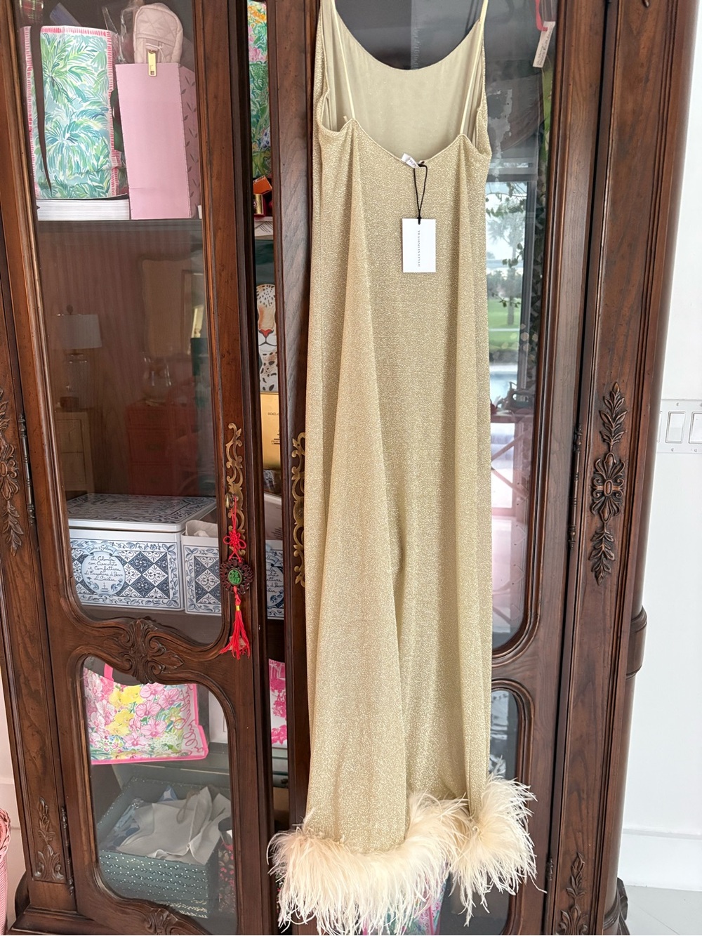 OSEREE made in Italy maxi dress. Shimmering gold feather trim
